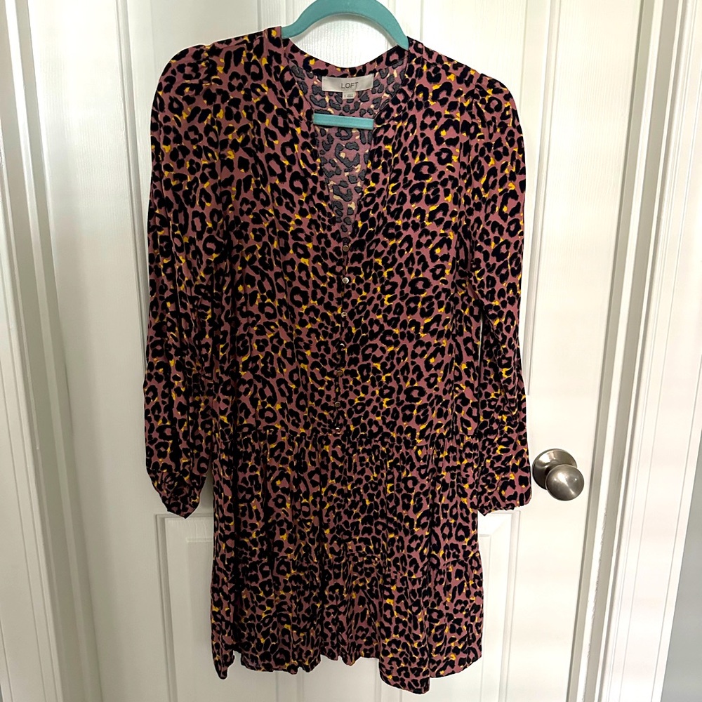 Loft Leopard Print Long Sleeve Dress - Size Small